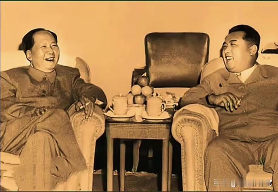 1953年，毛主席与金日成在北京亲切会晤，谈笑风生，定格中朝老一辈的深厚革命情谊