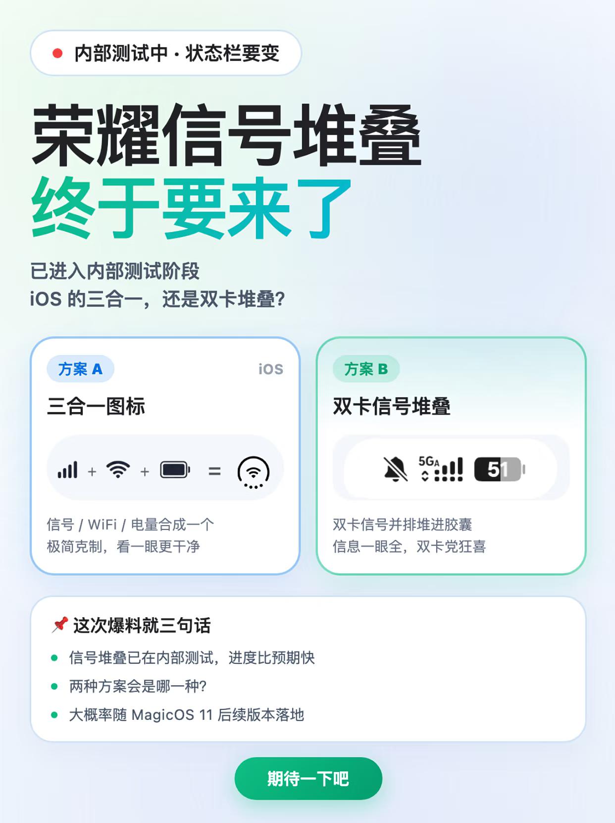 又要改状态栏了？荣耀信号堆叠曝光，有两种方案，你喜欢哪一种？

方案A：三合一图