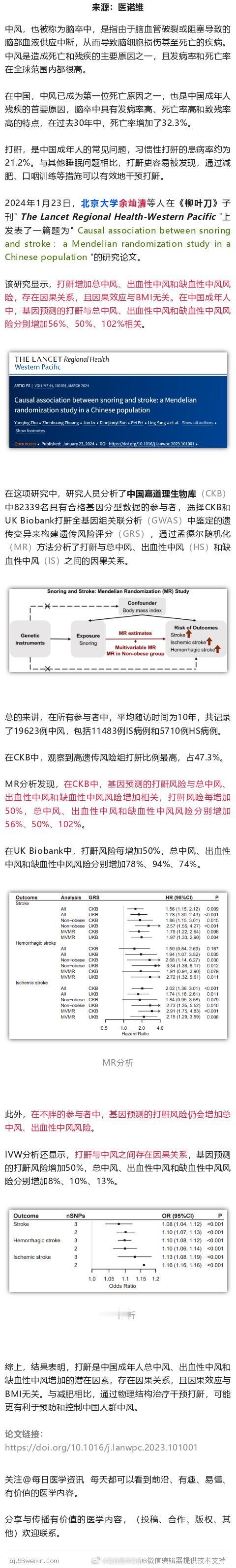 北京大学孟德尔随机化研究，打呼噜，大幅增加中风风险2024年1月23日，北京大学