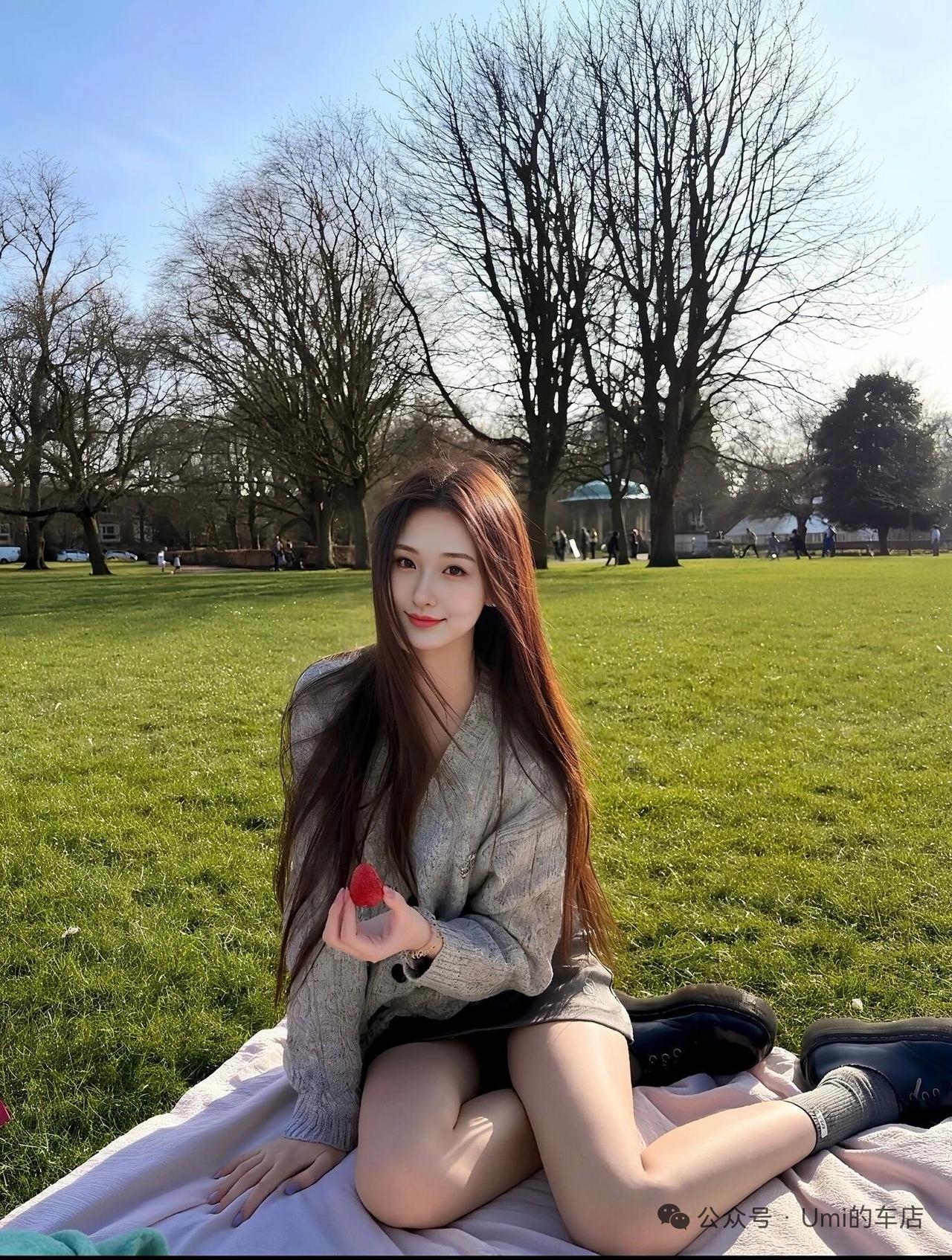 阳光明媚的午后，公园里的小仙女享受着草莓的甜美🌞🍓💕