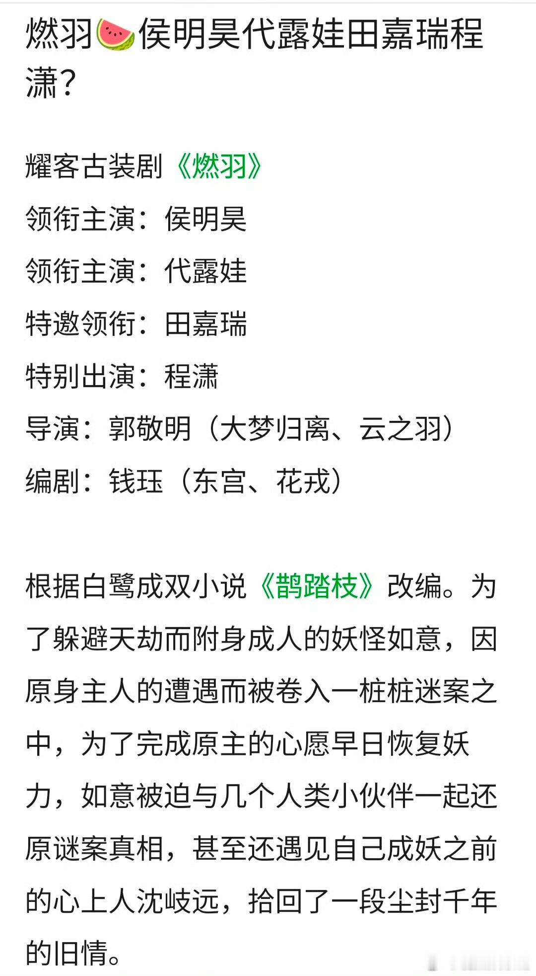 🍉《燃羽》侯明昊，代露娃，田嘉瑞，程潇期待值如何 ​​​