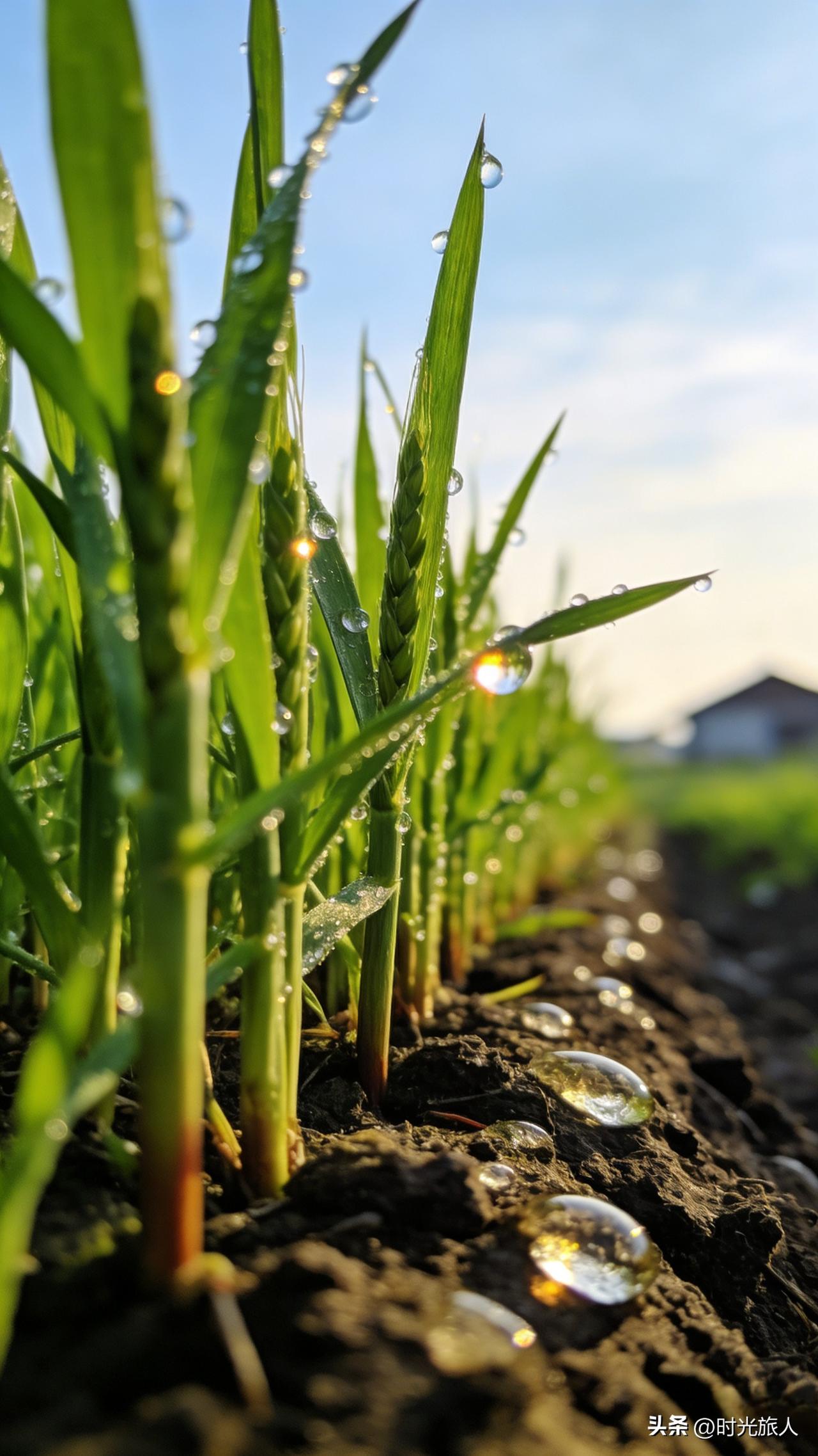 今天早起看见田埂上的禾苗沾着露水，
忽然想凑句对联玩玩。
不讲究平仄，就图个乐子
