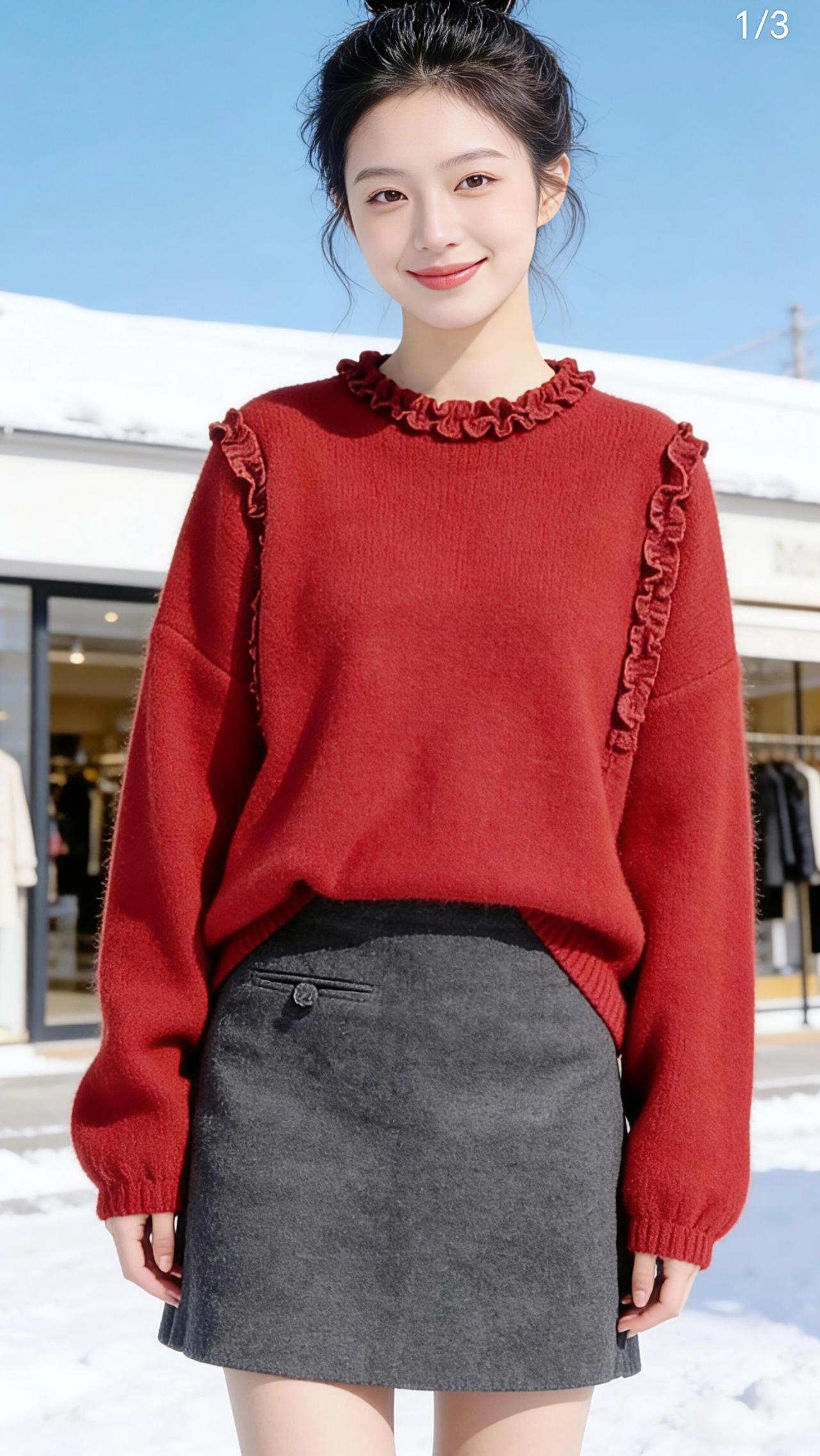 雪日红衫
 
雪落满了街边的步道，日光把雪地揉成一片温柔的白，风里裹着清冽的凉意