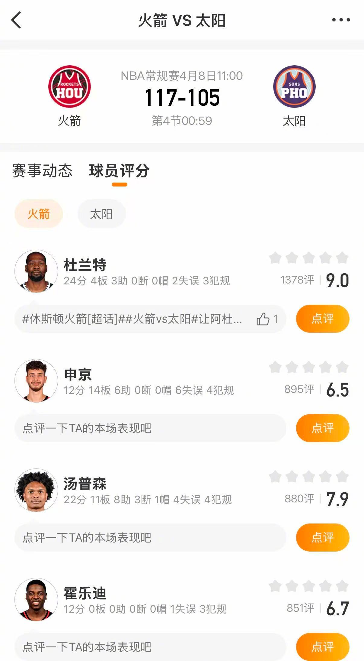 火箭7连胜 火箭119-105战胜太阳。杜兰特24分，阿门22分，小史密斯20分