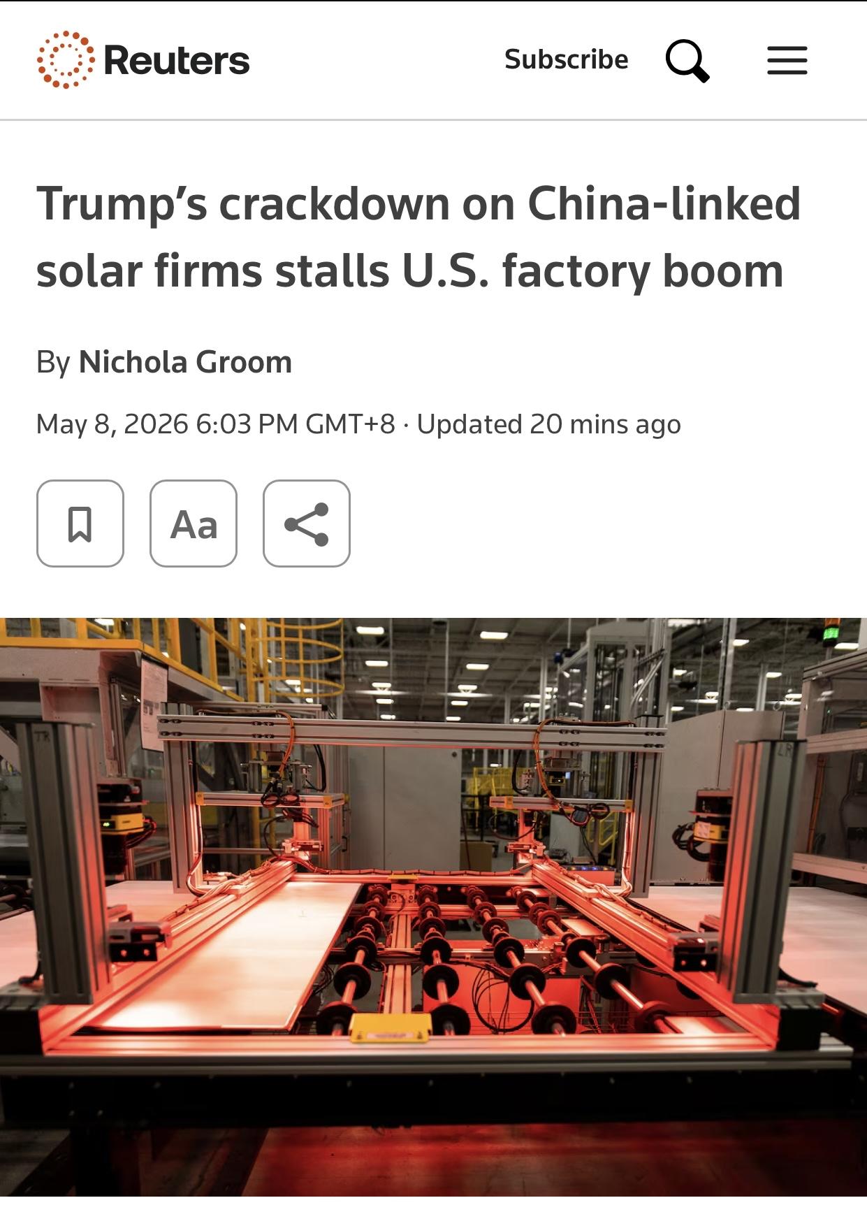路透社：特朗普政府打压与中国太阳能企业有关联的美国公司，结果反噬自身利益

路透