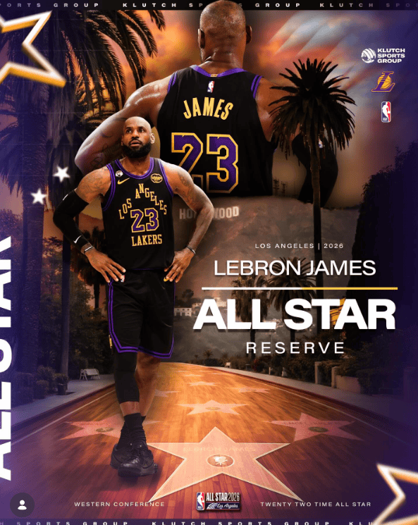 Klutch Sports：恭喜詹姆斯第22次入选NBA全明星