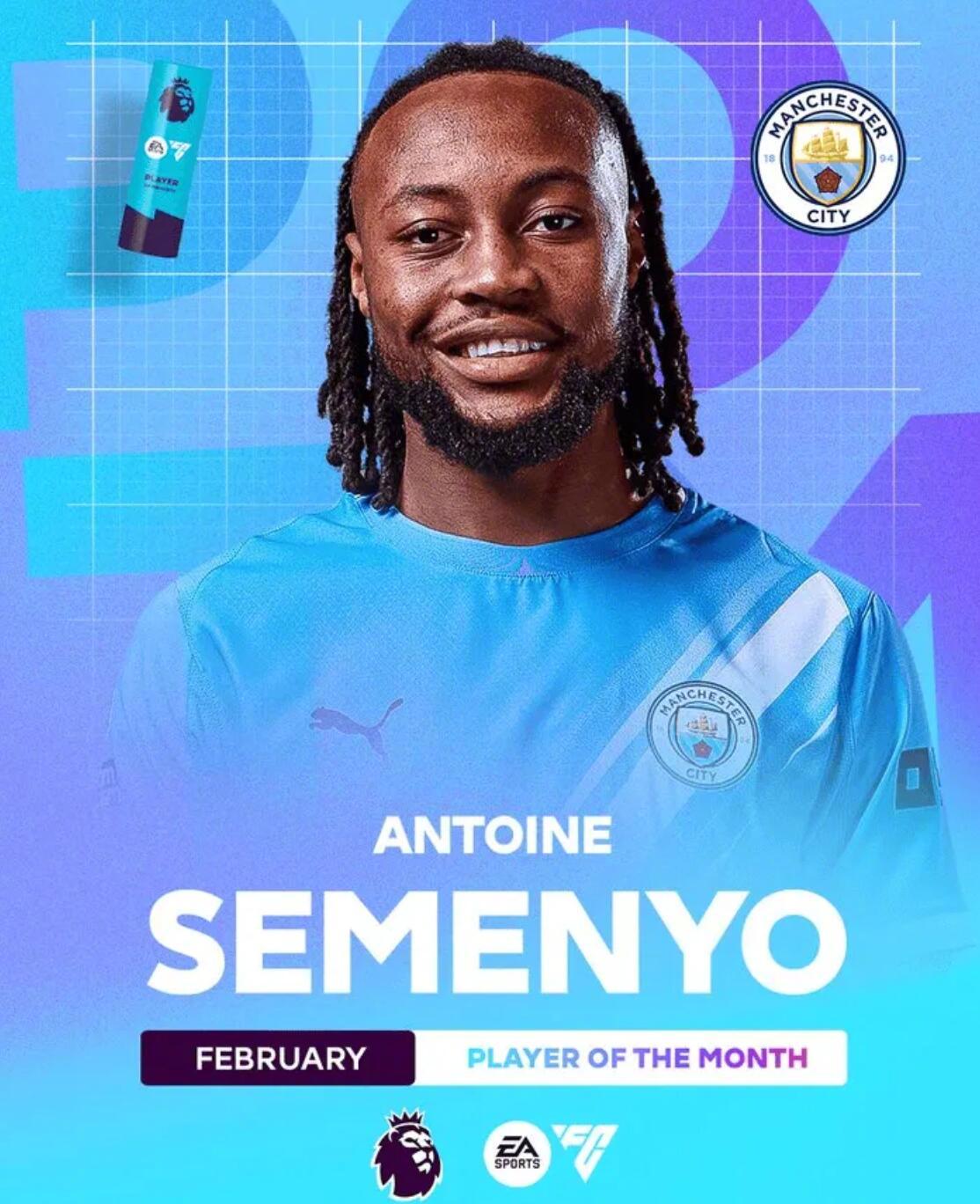 英超联赛官方宣布，曼城前锋安托万-塞梅尼奥当选2月最佳球员，他击败了哲凯赖什、范