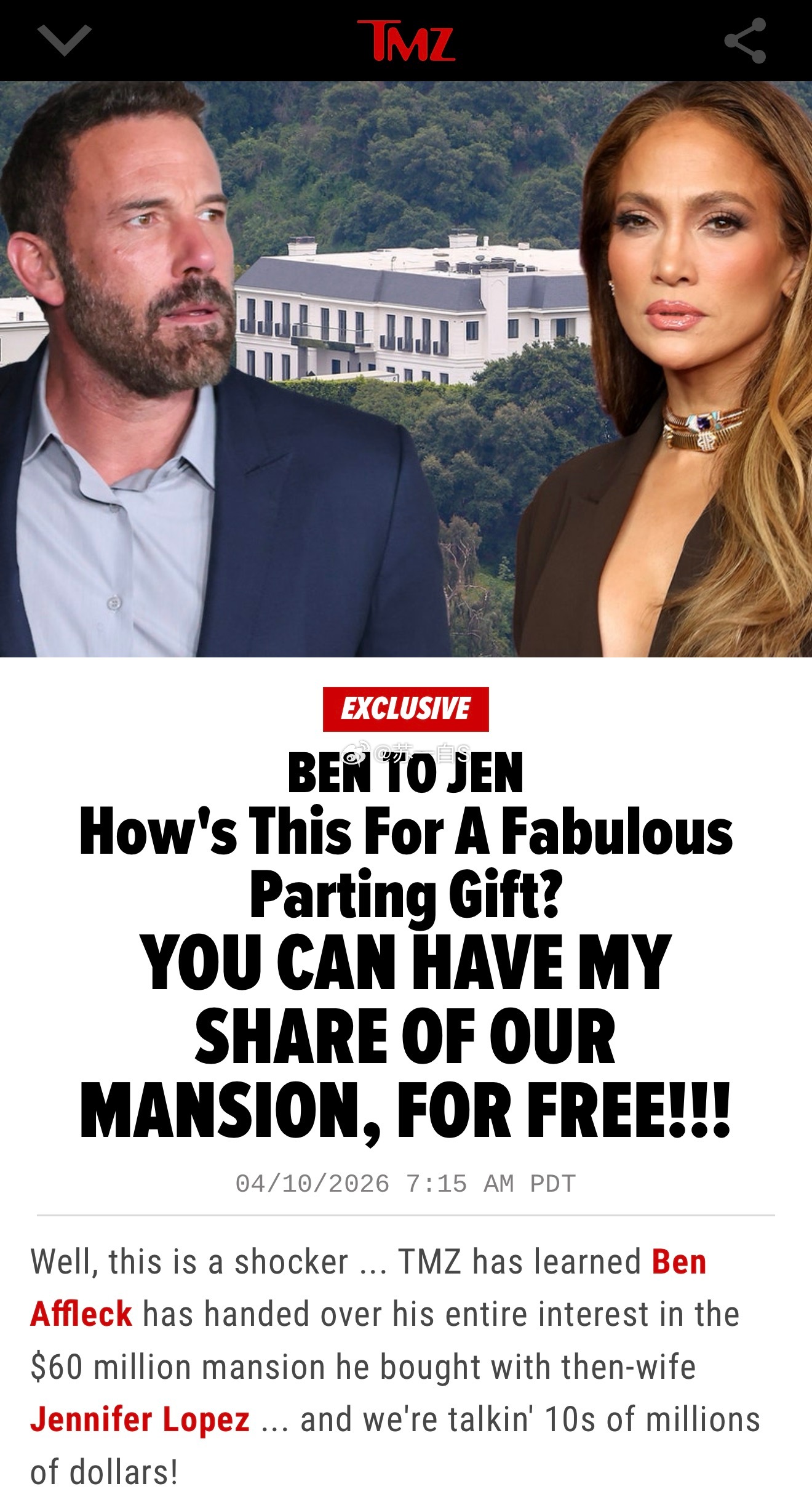 大本把他跟JLo共同拥有的那套豪掷6085万美金买入的豪宅（👉网页链接）的产权