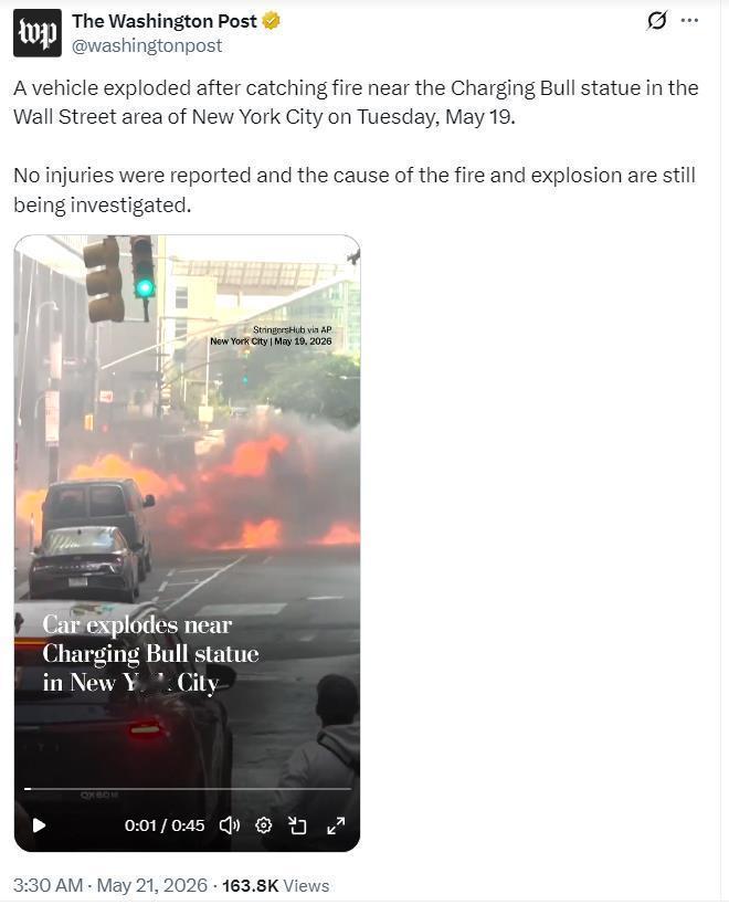 据《华盛顿邮报》报道，当地时间5月19日，纽约华尔街地区一辆汽车起火后发生爆炸，