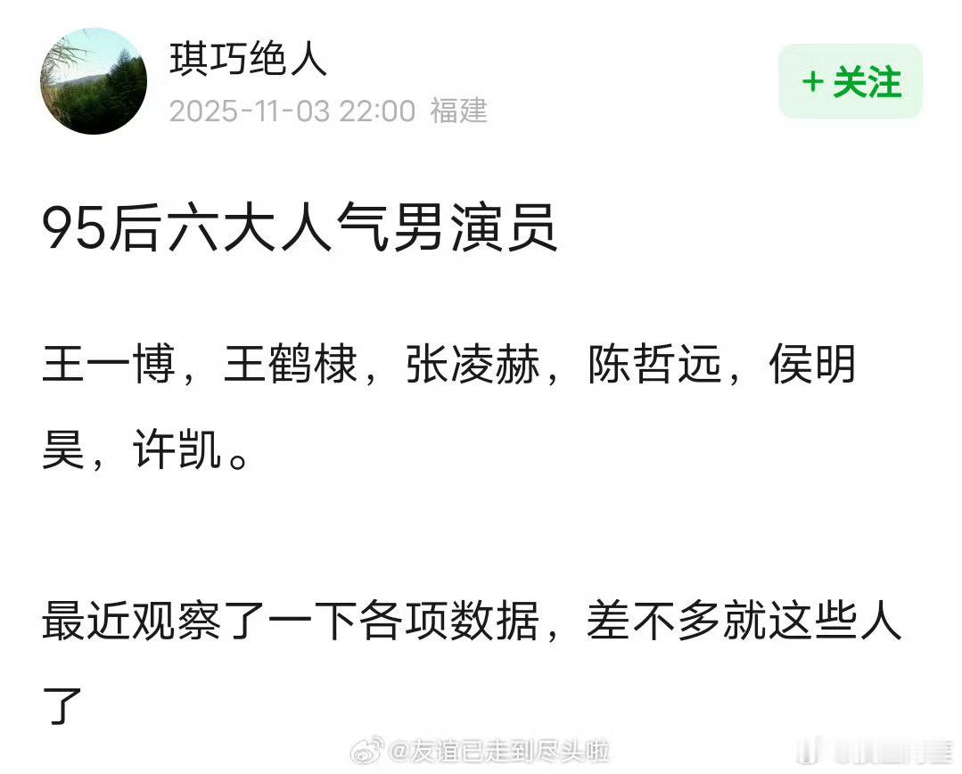 网友评选的95后六大人气男演员王一博、王鹤棣、张凌赫陈哲远、侯明昊、许凯 ​​​