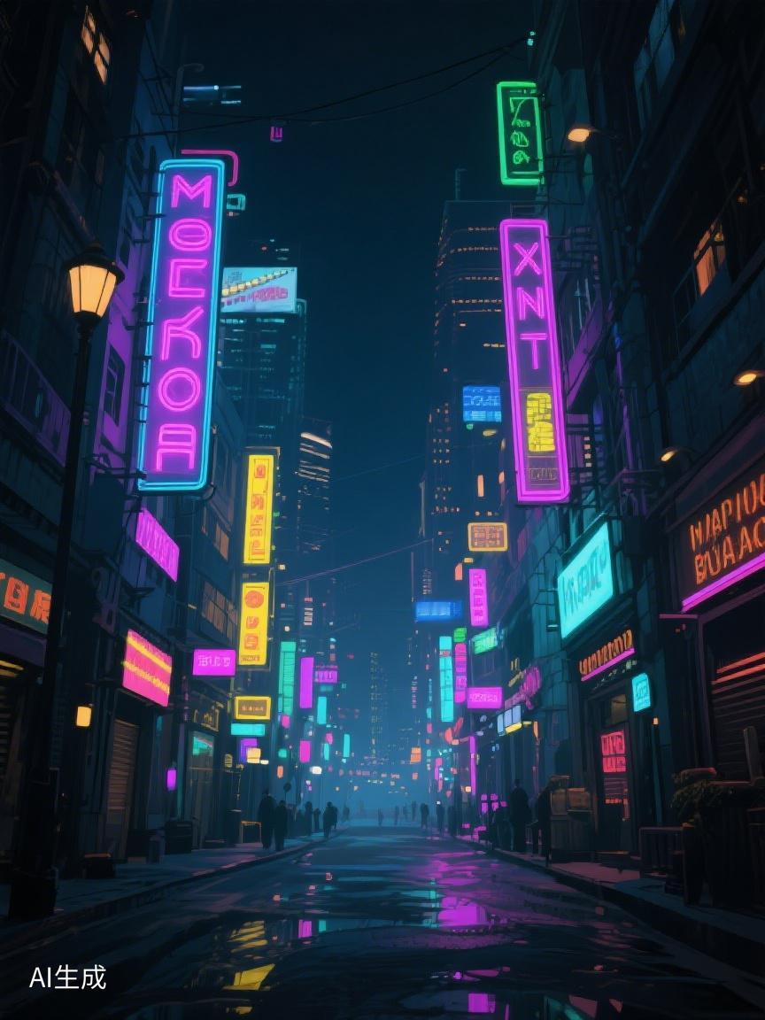 AI妙生图霓虹闪烁照亮寂静街巷，暗夜藏着生机，每处微光，都在诉说希望的故事。