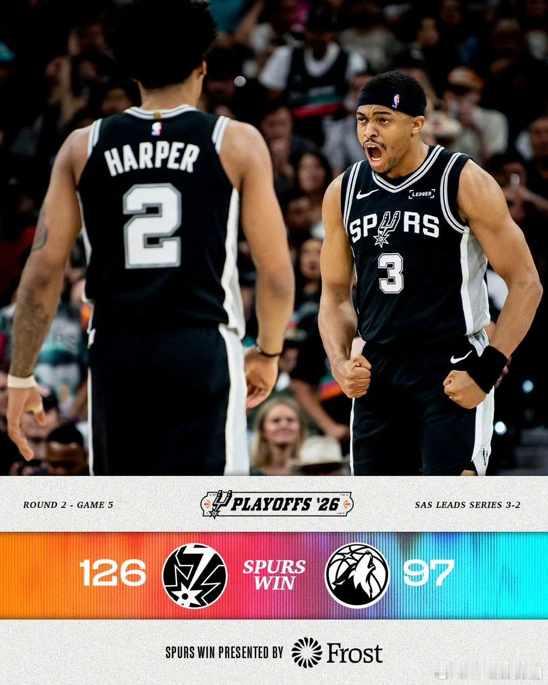 马刺3比2森林狼NBA季后赛西部半决赛G5天王山之战，马刺126-97大胜森林狼