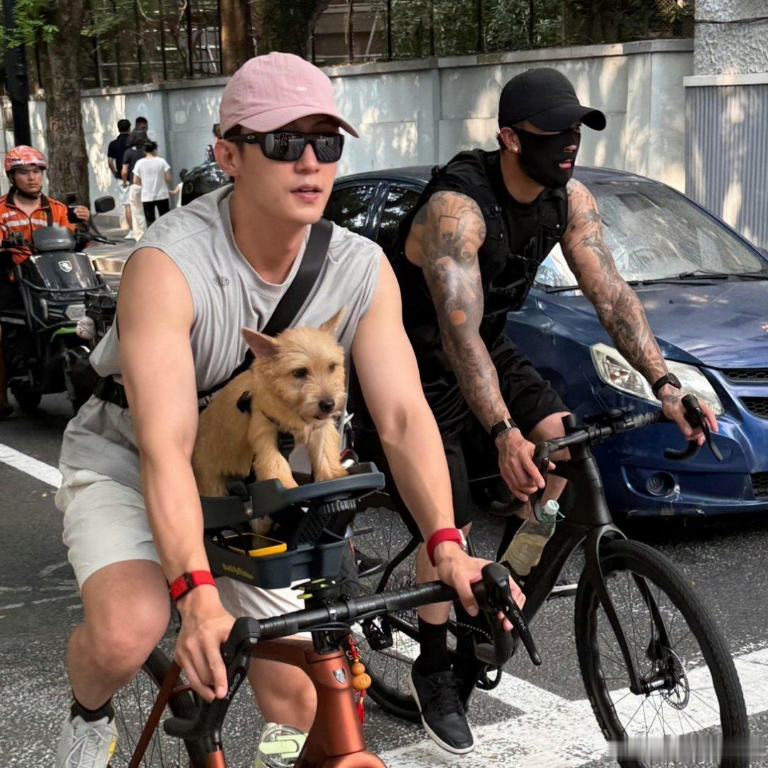黄景瑜骑车也要带着狗很想采访下鲸鱼大夏天带着狗狗骑行，不热吗还有和他一起骑车的大