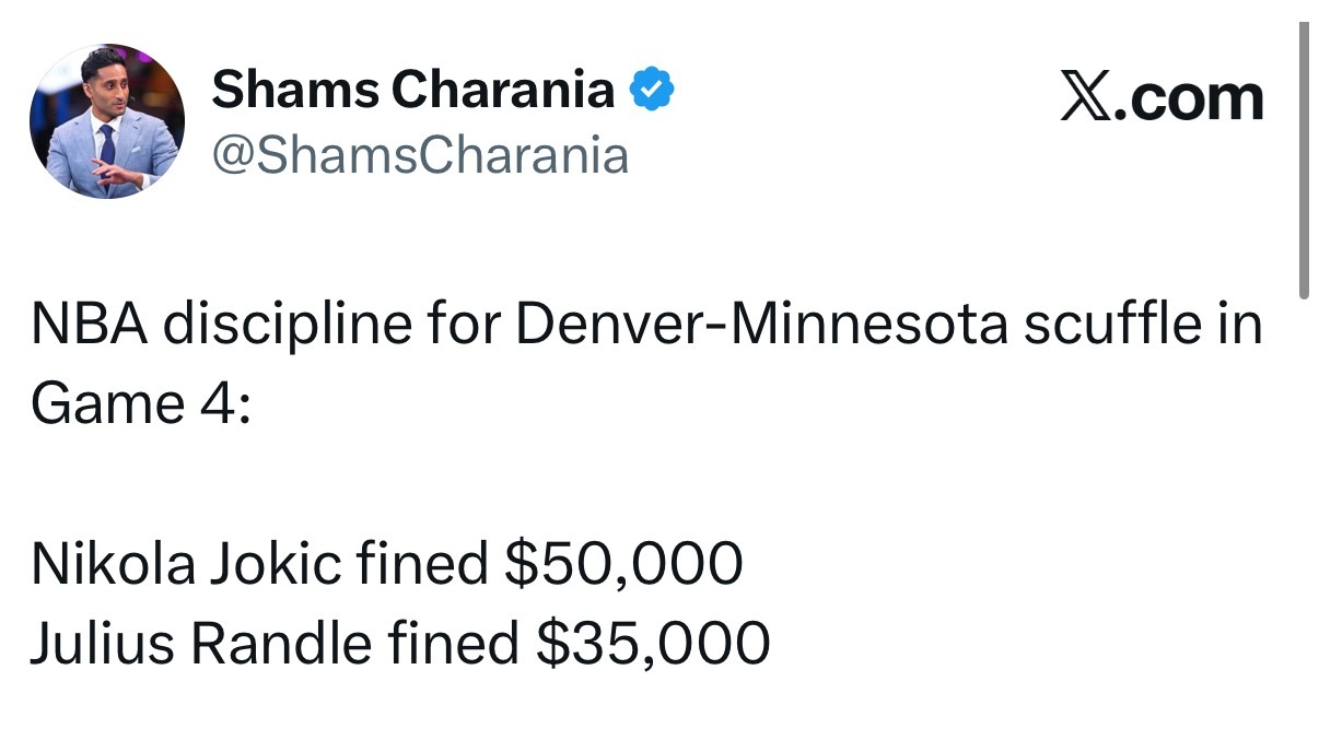 shams：约基奇被罚50000；兰德尔被罚35000 