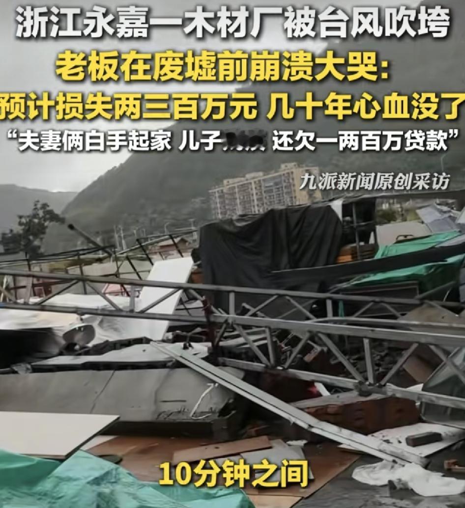 浙江一家木材厂受台风影响，十几分钟之间整个厂房都倒塌了，老板称这是他们几十年的心