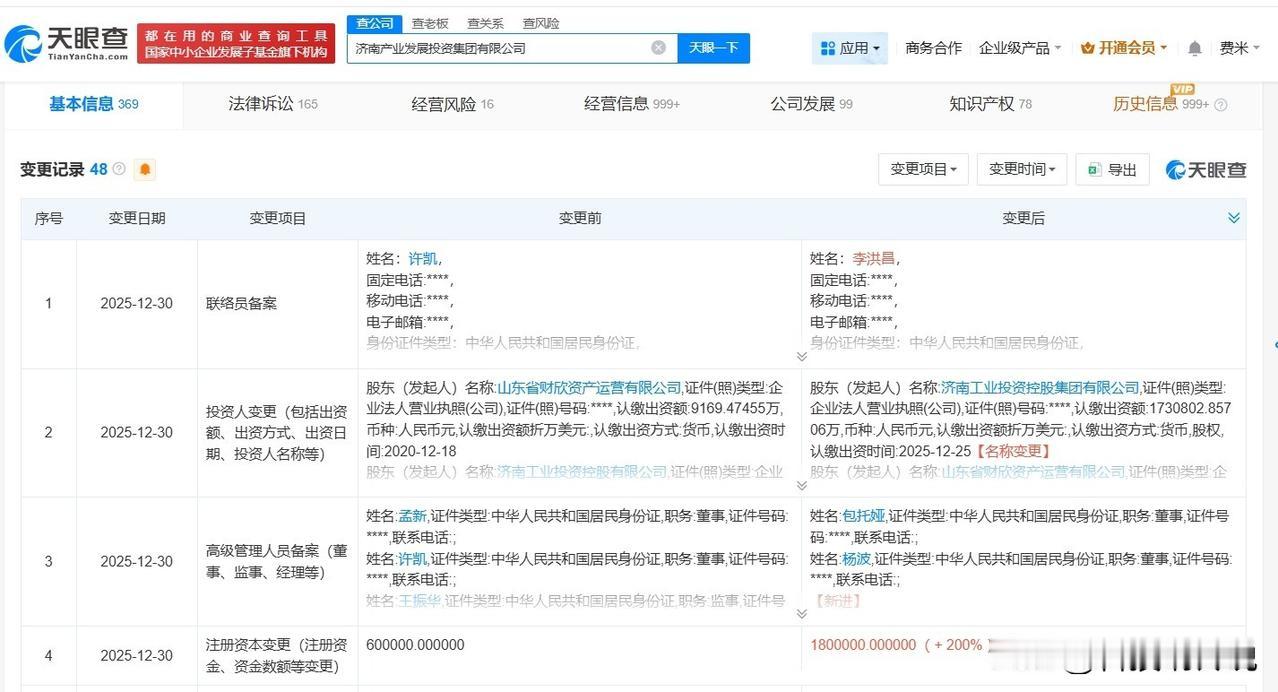 【济南产业发展投资集团增资至180亿 增幅200%】
天眼查App显示，近日，济