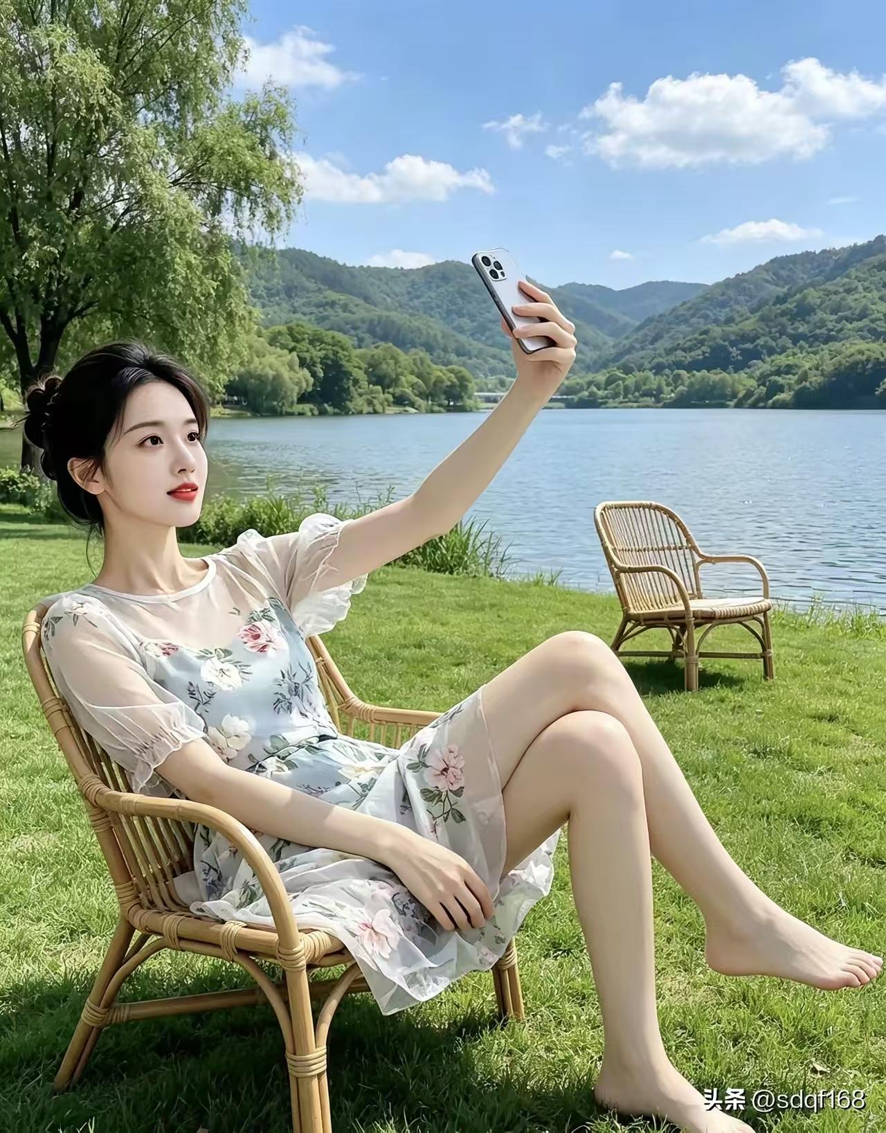 殿前欢·湖边留影
倚湖山，
晴波叠翠衬罗纨。
薄纱轻拢冰肤婉，
笑靥嫣然。
风光