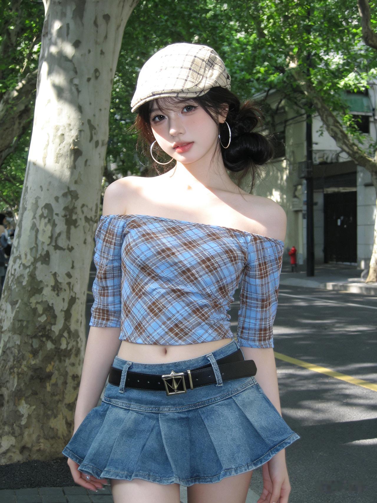 女生侧扎丸子头戴格纹八角帽，身着格纹露腰上衣与牛仔短裙，梧桐光影斑驳落于面颊，略