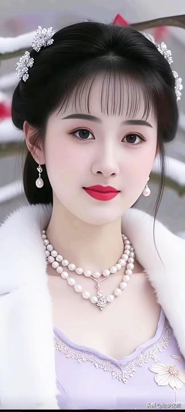 冬日里的梦幻公主，珍珠项链与雪景相映成趣。