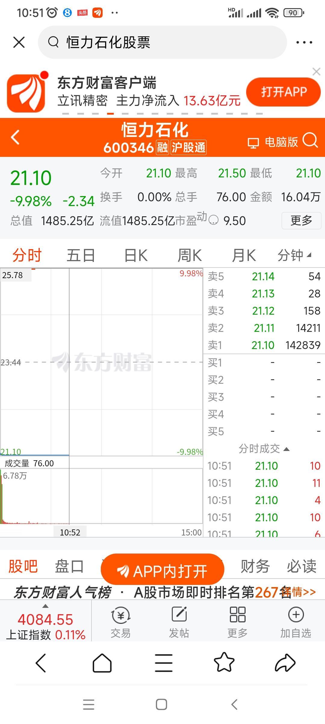 哎，我怎么这么倒霉啊！恒力石化直接跌停了，估计后面还会有好几个跌停板。网友们，你