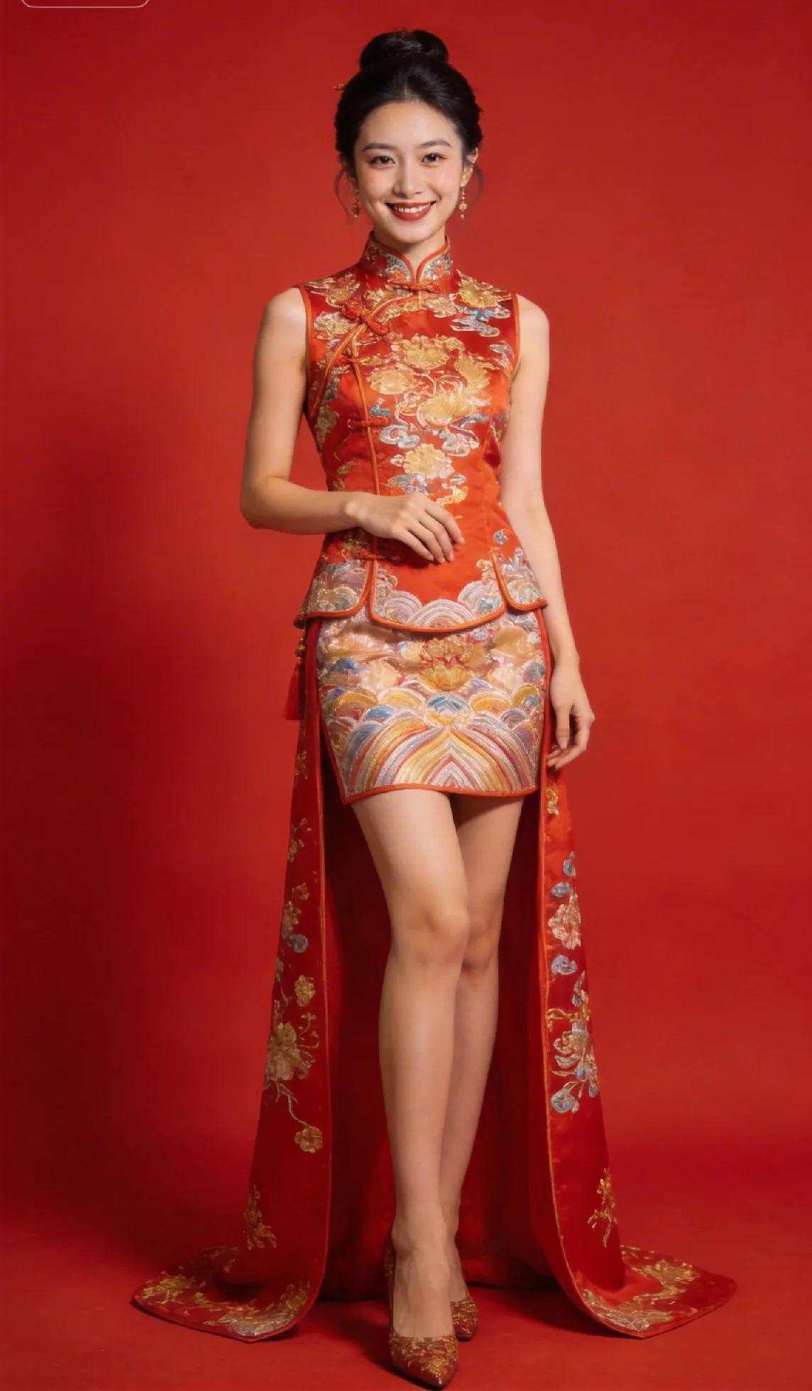 一袭正红新中式嫁衣，以传统旗袍为骨，融现代设计之韵。立领斜襟衬出温婉气质，无袖剪