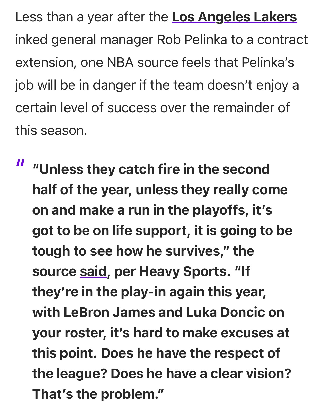 消息人士向美媒Heavy Sports透露，如果湖人在本赛季剩余时间内无法取得一
