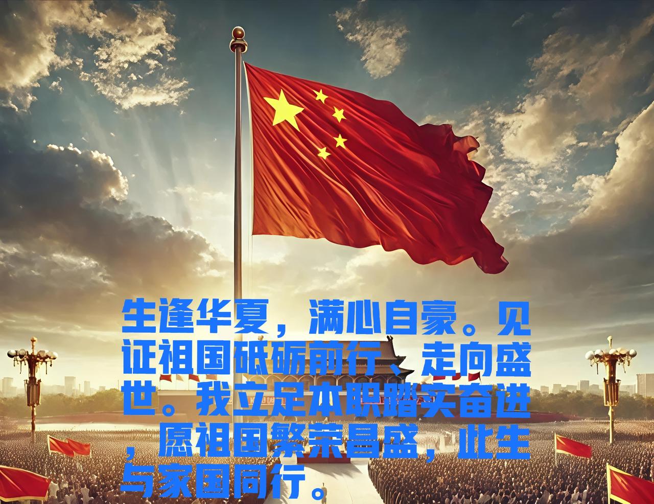 生逢华夏，满心自豪。见证祖国砥砺前行、走向盛世。我立足本职踏实奋进，愿祖国繁荣昌