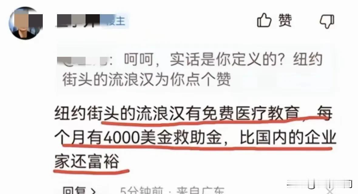 公知称美国流浪汉有免费医疗和免费教育，每个月还有4000美元的救助金，比国内的企