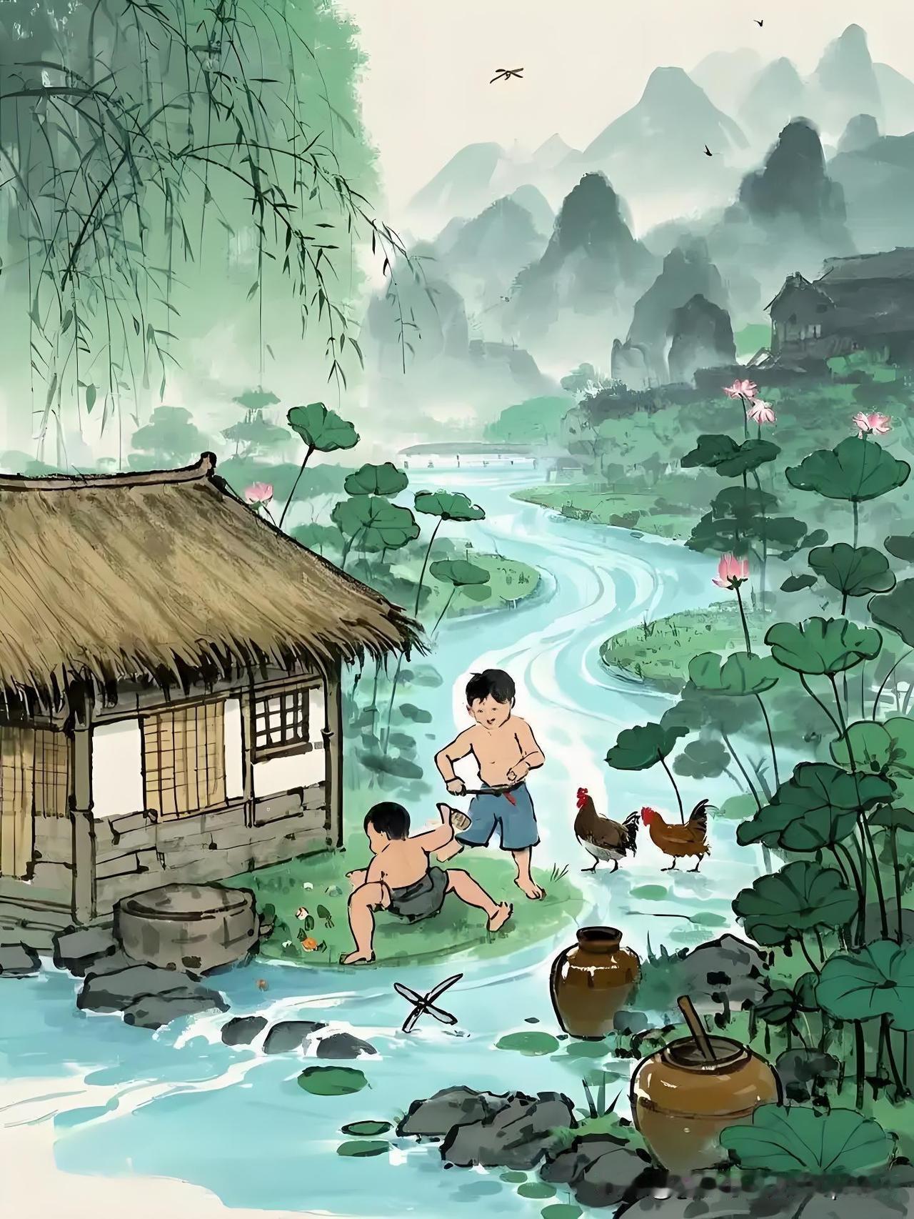 《夏日村居》
——明.于慎行
乳燕盈盈掠水，
流莺恰恰啼烟。
雨著绿杨枝上，
云