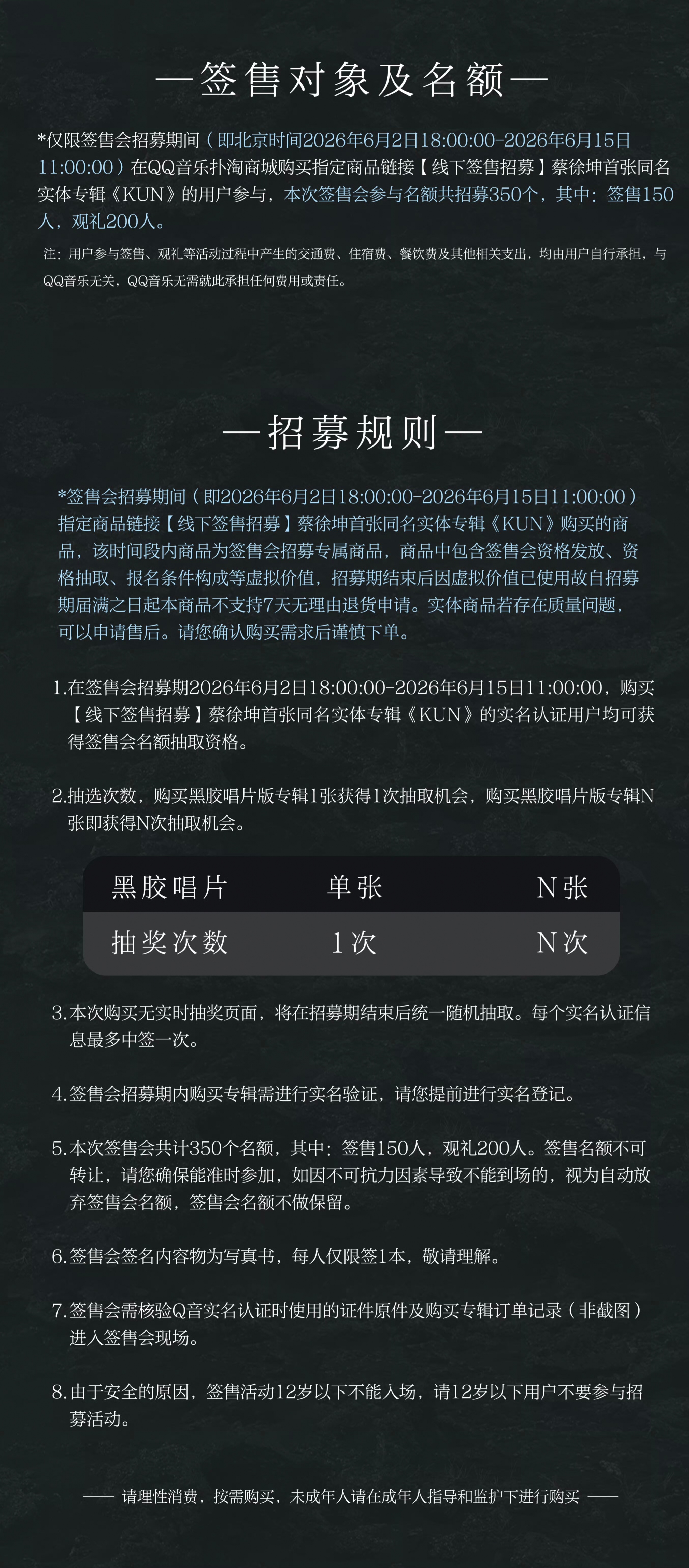 那就是一张黑胶唱片一次抽奖机会。蔡徐坤首张同名实体专辑kun