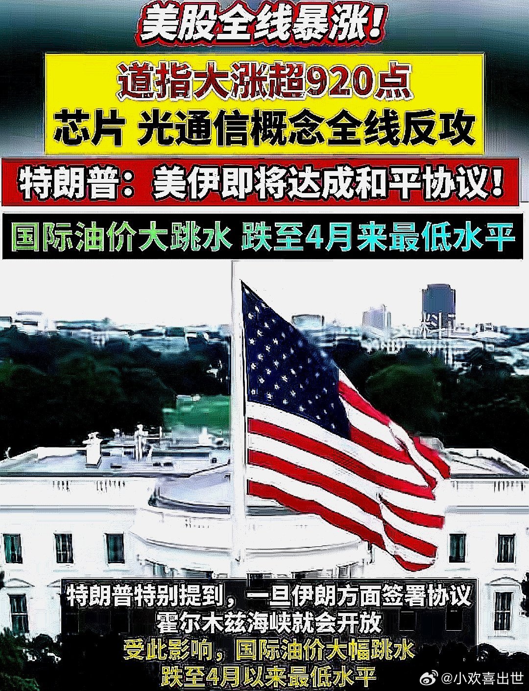 美股全线暴涨，道指大涨超920点，芯片、光通信概念全线反攻，川普说美伊即将达成和