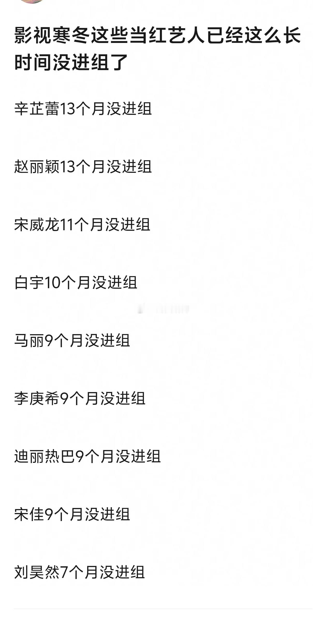 这是真寒冬了，一箩筐当红的影帝、影后没进组，辛芷蕾、赵丽颖13个月没进组，迪丽热
