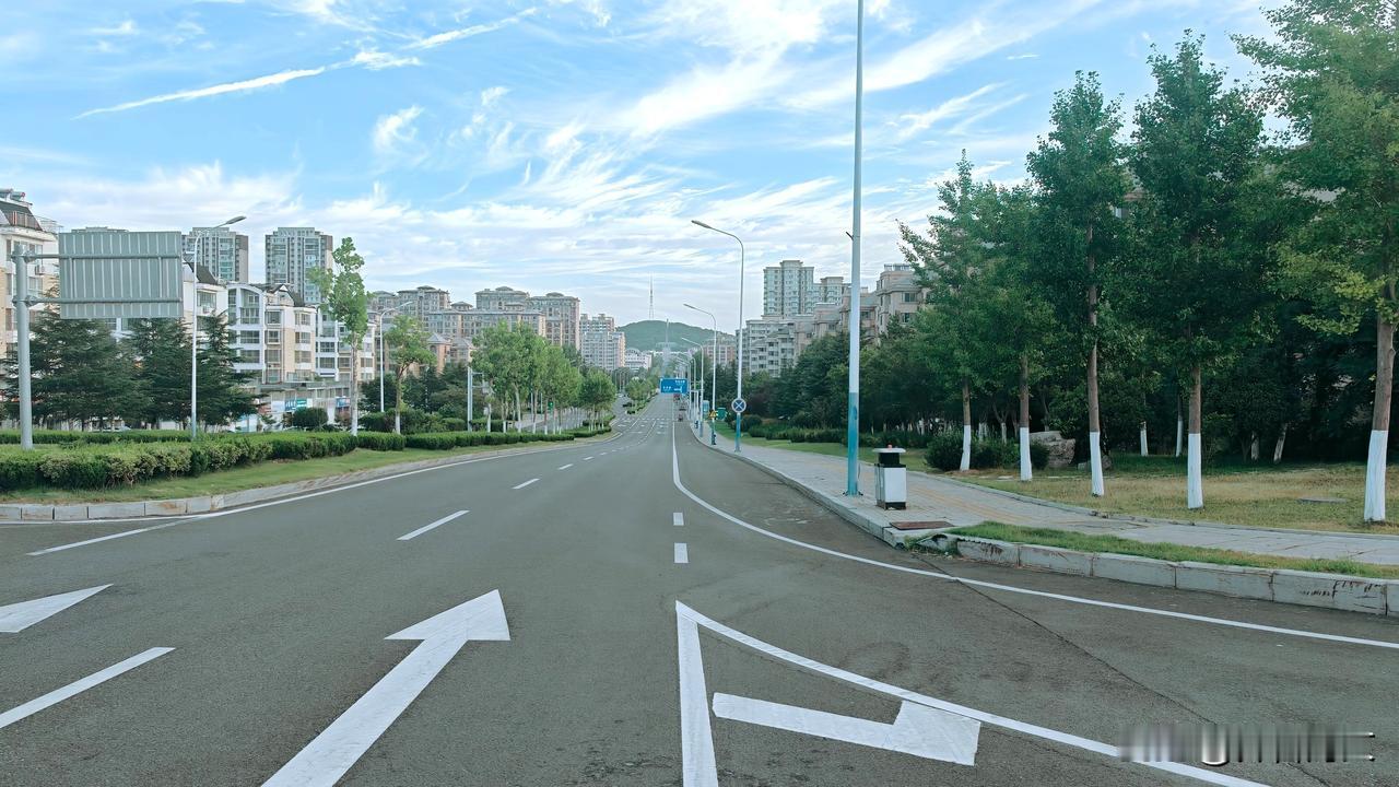 这是威海市文登区市区东部的登云路（南北走向），北端是峰山森林公园。