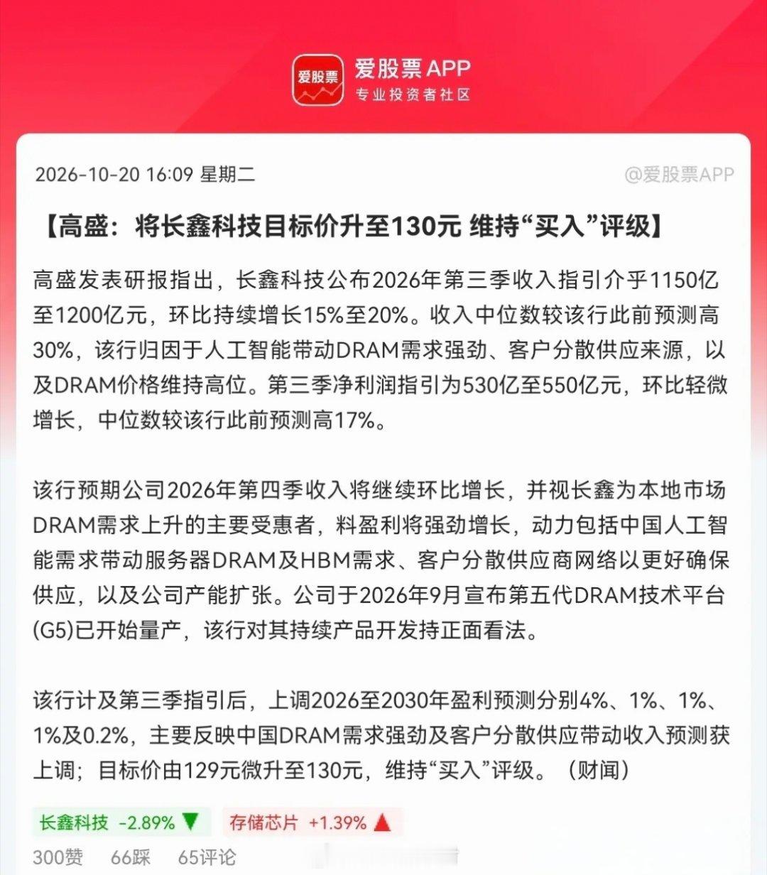 利好来了！高盛刚发布研报了，逆势看多长鑫科技，目标价130元。这份研报犹如寒冬里