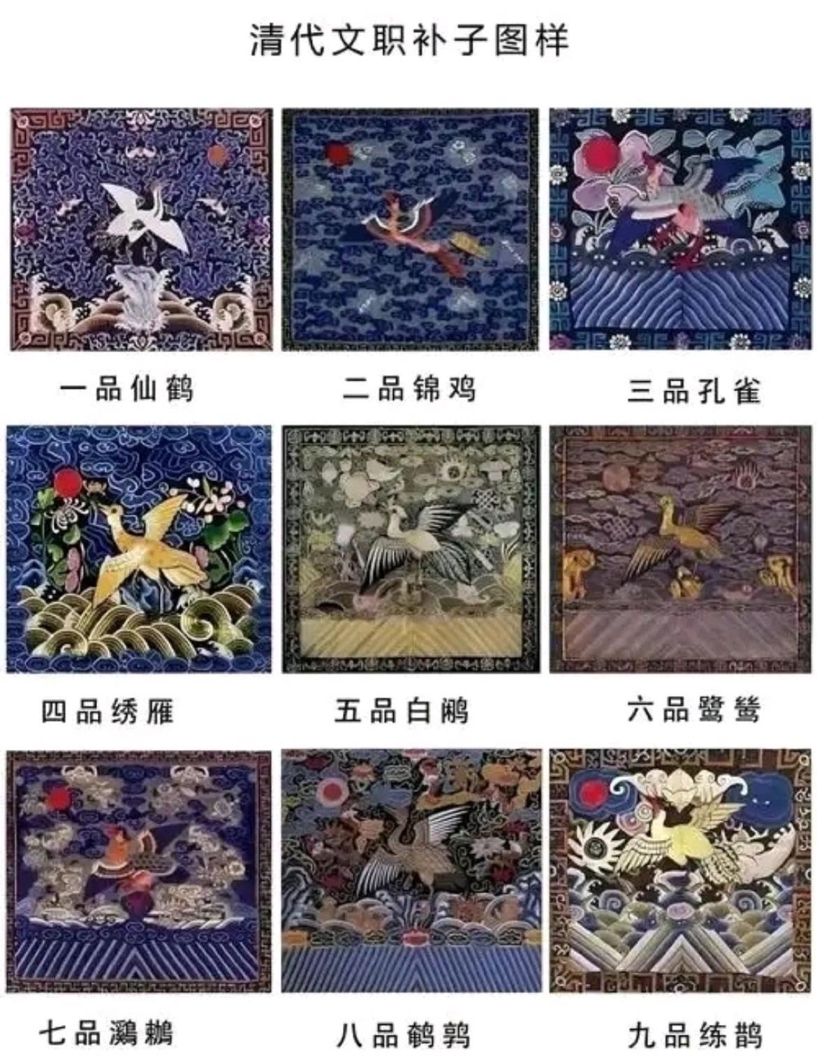 一张图看明白清代文职官员的补子图样区别。

最高的一品是仙鹤，最低的九品是练鹊。