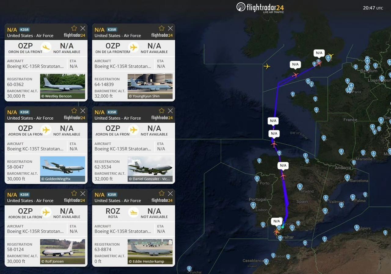 多架美国加油机似乎正在离开西班牙的莫隆空军基地和罗塔海军航空站，这表明美国可能正