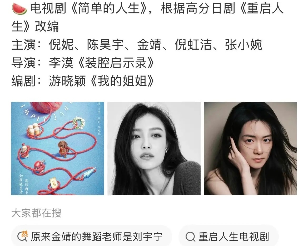 《简单的人生》是不是真的要开机了，这班底阵容真的好可以，倪妮、陈昊宇、金靖、倪虹