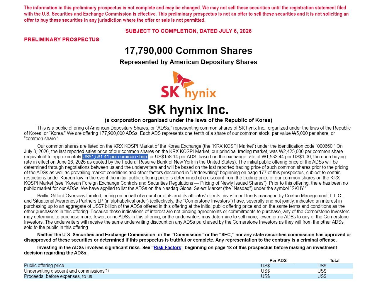 根据发行文件显示，SK海力士将在美股IPO中发行近1800万股，这将使SK海力士