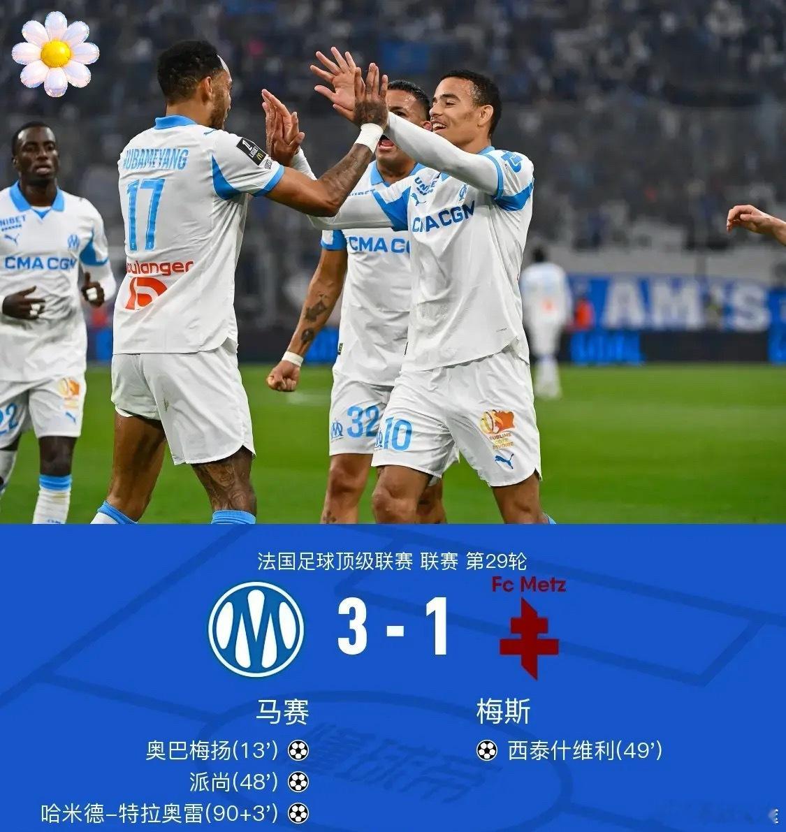 足球 北京时间4月11日法国足球顶级联赛 联赛 第29轮，马赛主场对阵梅斯。马赛