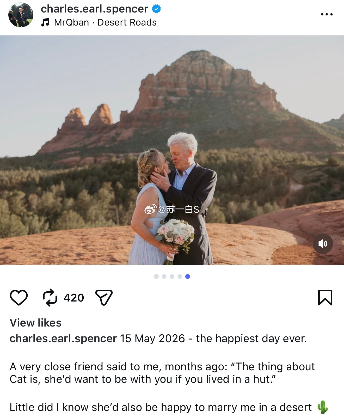 戴安娜王妃的弟弟、现年61岁的Charles Spencer结了他的第四次婚，在