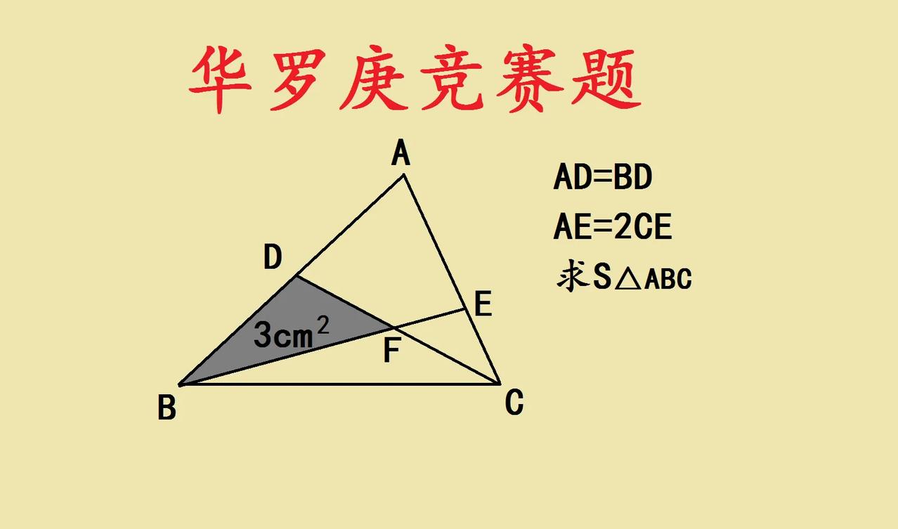 这是一道华罗庚竞赛题，题目是关于三角形面积求解的。已知条件为 AD = BD，A
