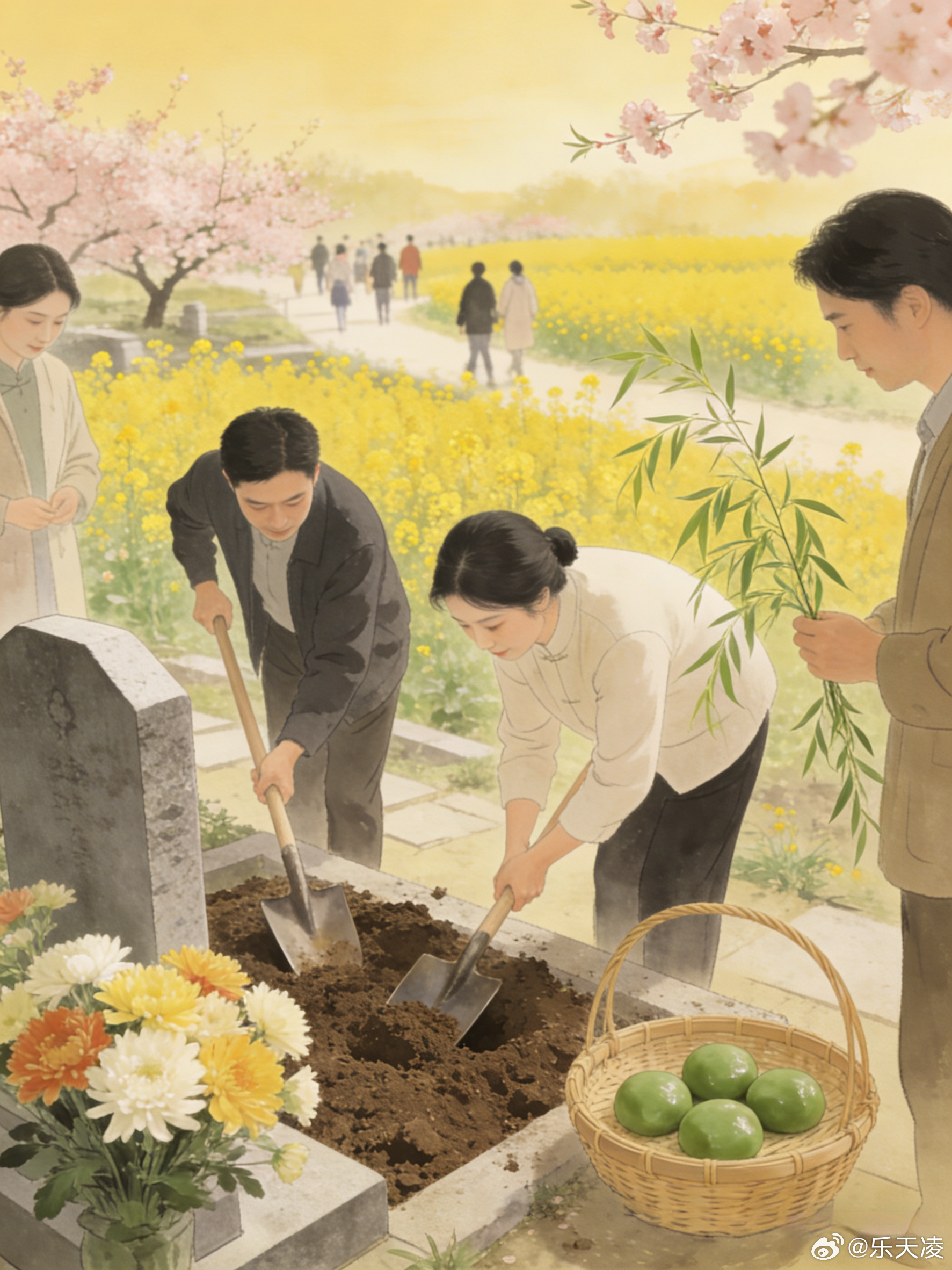 属于中国人的清明仪式感 扫墓培土、献花寄思，折柳插枝，尝一口软糯青团。春风拂面，