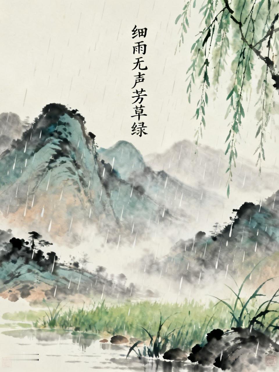 对联这玩意儿，老祖宗留下的瑰宝，韵味十足。看到“细雨无声芳草绿”这个上联，那画面