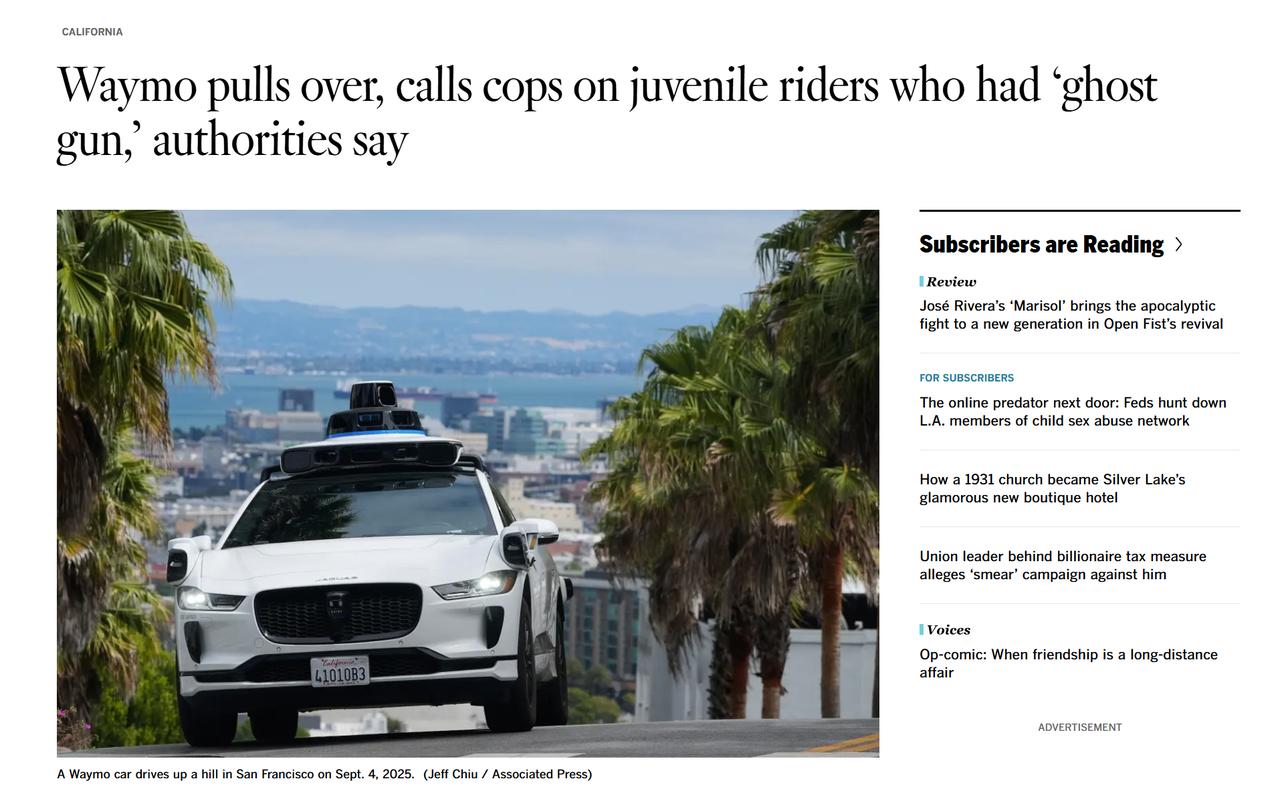 旧金山最近出了这么一档子事：两个未成年人坐上一辆 Waymo 无人出租车，结果还