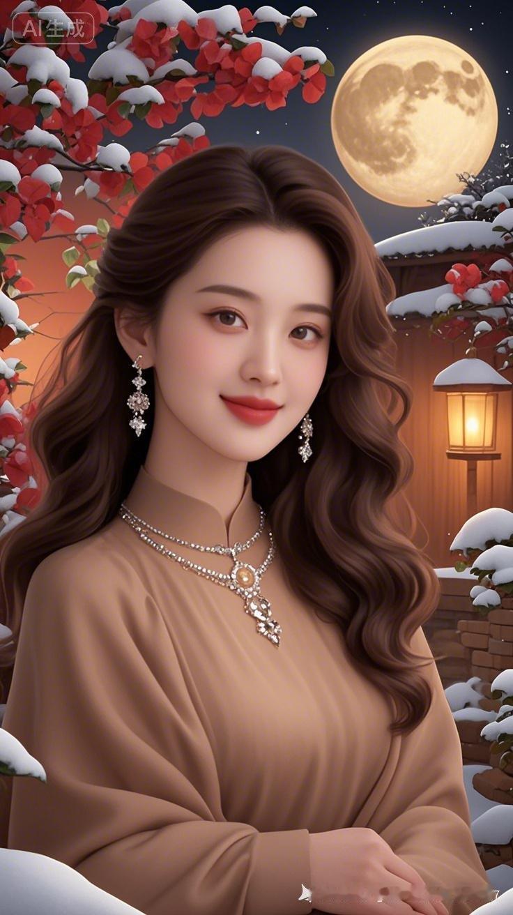 冬日雪景中的温柔美人，月光下的浪漫之夜。
