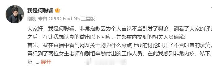 何聪睿回应戏扑甩锅女主何聪睿道歉 何聪睿道歉。 