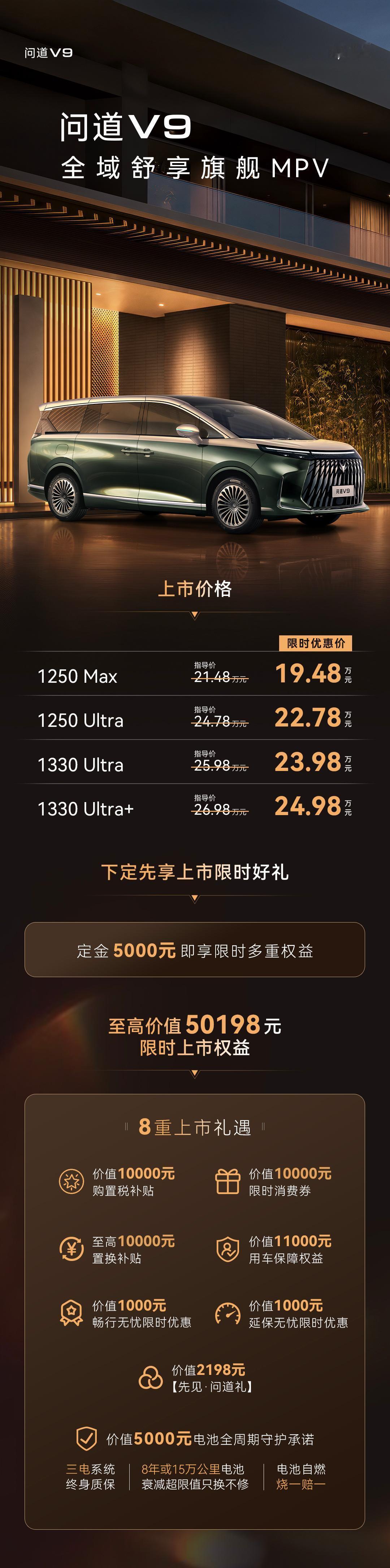 极狐今天正式上市了一台中大型增程MPV新车叫问道V9，限时19.48万起，打法很