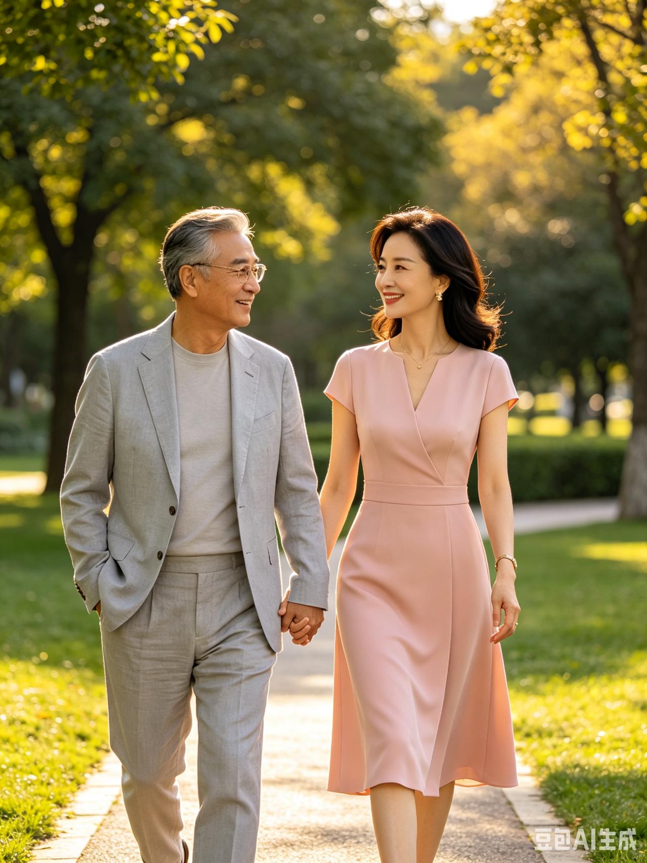 公园闲步
 
花甲老板貌仍佳，四十佳人素白华。
七尺纤姿身段俏，各着轻衫步落花。
