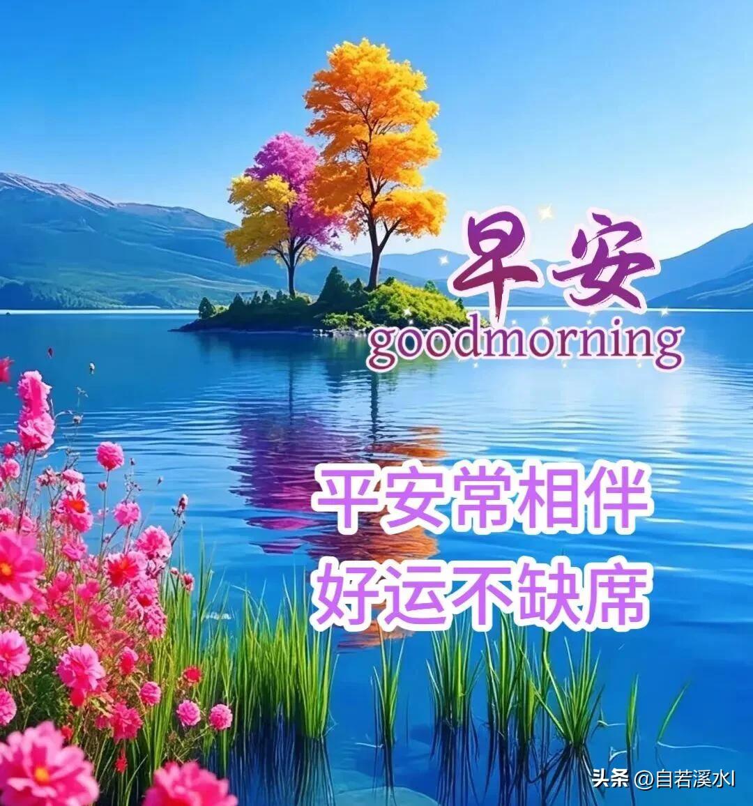  碧水青山，繁花向阳，新晨送福，愿日子舒心顺遂。