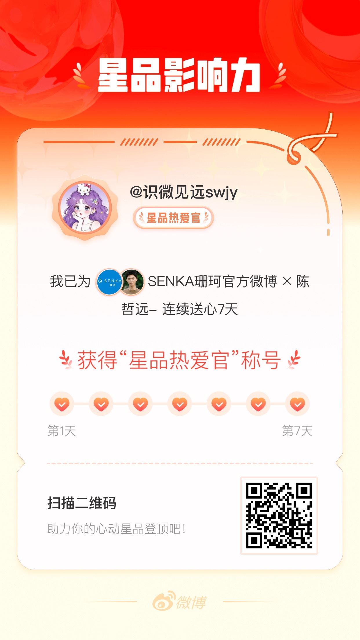 我在星品影响力上为 X 连续送心7天，获得“星品热爱官”称号！快来一起pick你